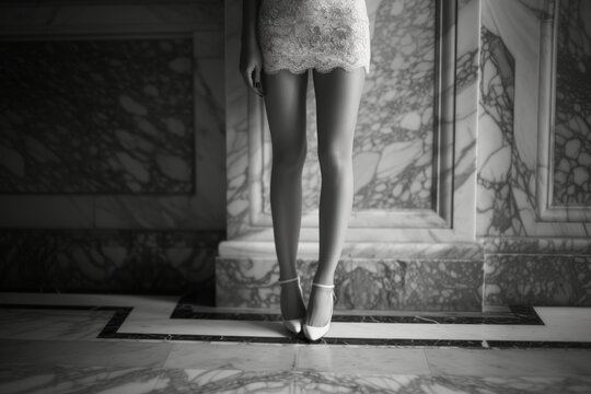 Black and white photo of legs of young woman on white elegant shoes and white short lace dress