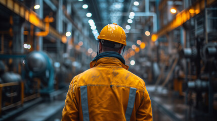 Industrial engineer. Rear view of an industrial engineer in a yellow hard hat and jacket surveying...