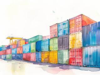 A series of large, colorful shipping containers on a pier, rendered in a watercolor style, with a focus on the variety of colors