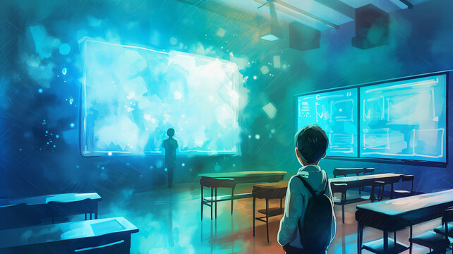 A watercolor depiction of a teacher using interactive holograms in a cyan-toned classroom, highlighting a blend of traditional and futuristic teaching methods.