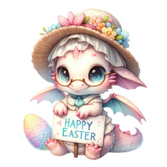 Obraz premium Watercolor cute dragon illustration. easter day Baby dragon PNG
