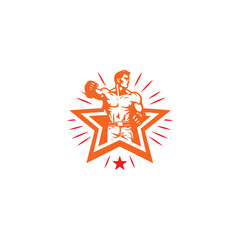 Muscular Boxer logo with boxing ring background - boxing emblem, logo design, illustration on white background