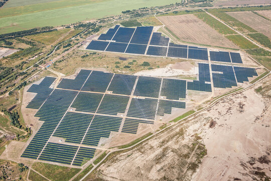 Aerial view of a large solar farm. Dresden, Germany
