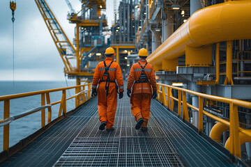Two offshore workers in orange safety suits and helmets are walking along the metal walkway of an oil rig at sea, inspecting the site.