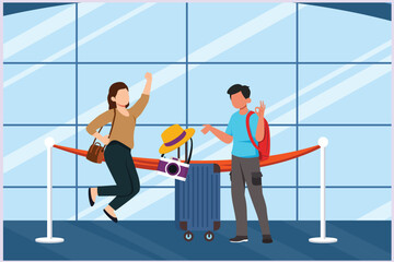 Happy people traveling at airport. Concept of passenger activities at the airport. Colored flat vector illustration isolated.	