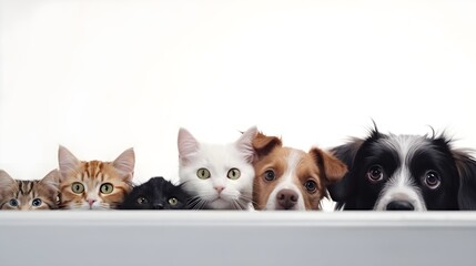 Group of pets in front of white background. Focus on dog.