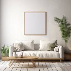 Frame mockup, ISO A paper size. Living room wall poster mockup. Interior mockup with house background. Modern interior design. 3D render