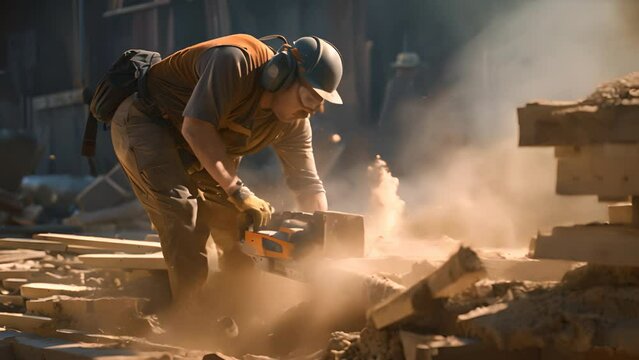 Workers use power tools every break. Concrete at the construction site