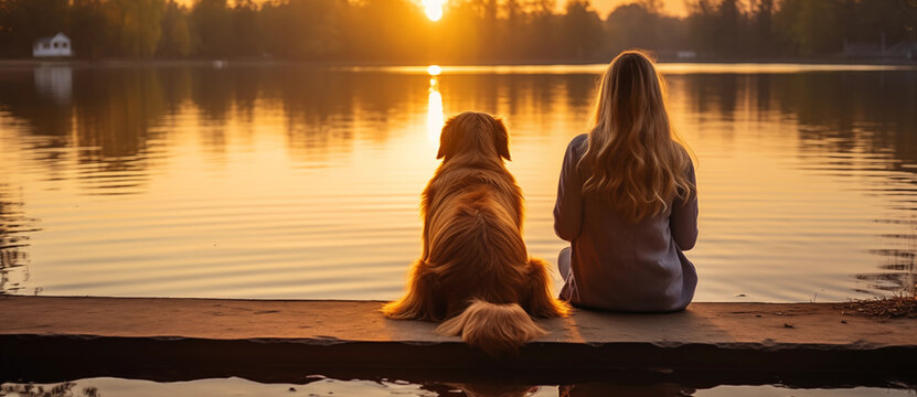 woman and golden retreiver dog sitting by a lake at sunset. A heartwarming scean of beauty.