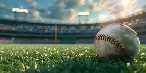 Close-up of a baseball on green grass, empty stadium in background. calm before the game. ideal for sports themes. AI