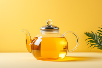 transparent glass teapot with tea on a yellow and white background - Powered by Adobe
