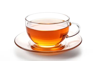 Deurstickers Cup of tea. Glass cup of hot aromatic tea on white background © Pakhnyushchyy
