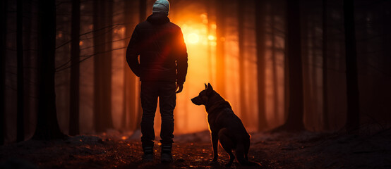 silhouette of a man and his dog at sunset in the forest - Powered by Adobe