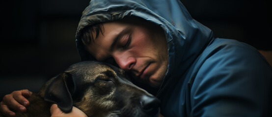 Sad man in a raincoat huging is dog for comfort. Symbol of solitude and homelessness. - obrazy, fototapety, plakaty