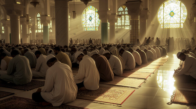 Muslims praying in a mosque - muslim religion and ramadan concept