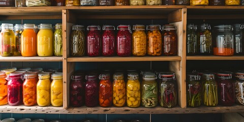 Assorted colorfully preserved vegetables in jars on wooden shelves. home canning essentials. rustic pantry staples displayed. AI