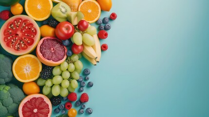 Naklejka na ściany i meble Collection of Fruits on Plain Sky Blue Background, Overhead Shot: Healthy Eating Advert Template