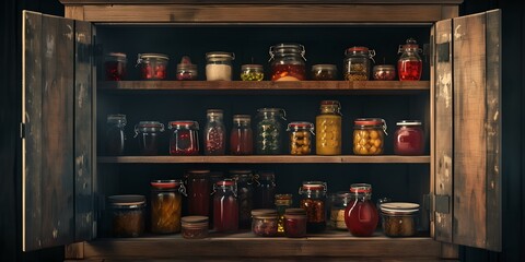 Vintage pantry shelves stocked with various preserved foods in jars. classic home canning. ideal for rustic kitchen decor. AI - obrazy, fototapety, plakaty