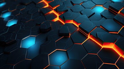 The background has gray polygons with turquoise neon edges in 3D.