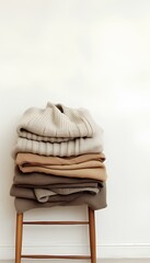  Stack of warm neutral beige clothes on wooden stool over white wall. Cashmere and wool clothing in cool toned colors. Scandinavian style