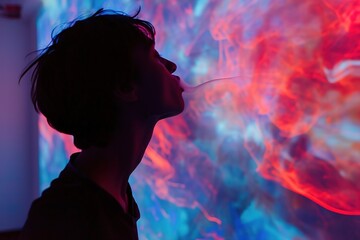 Smoking man exhales smoke in front of colorful abstract background