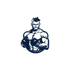 Muscular Boxer logo with boxing ring background - boxing emblem, logo design, illustration on white background