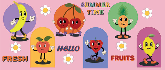 Fruit retro cartoon characters. Comic mascot made of banana, lemon, apple, cherry, strawberry, pineapple. Fruits with happy smiles on their faces, with arms and legs. Colorful summer illustration.