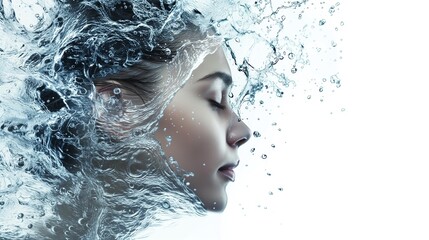 Close-up of a serene woman's face with clear water droplets suspended around her, symbolizing purity and skincare.
