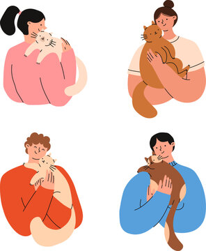 Pet owners set. People are holding cute cats in their hands. Flat vector illustration.