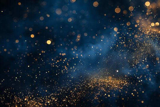 Elegant abstract background with deep navy blue and shimmering gold particles. festive holiday concept with glittering gold dust on a dark background Ideal for christmas or luxury event backdrops