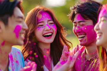 Obraz premium Smiling korean girls and a guys with magenta powder on their faces and clothes at the Holi festival of colors.