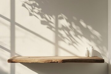 Empty minimal natural wooden table counter podium Beautifully illuminated by sunlight and shadows on a white wall Ideal for luxury cosmetic Skincare Or beauty product displays