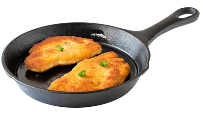 Fototapeta premium Gusspfanne mit Schnitzel isoliert auf weißen Hintergrund, Freisteller