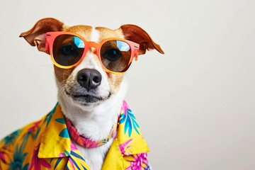 Funny party dog in colorful summer attire Wearing stylish sunglasses Set against a white background Exuding a playful and cheerful vibe