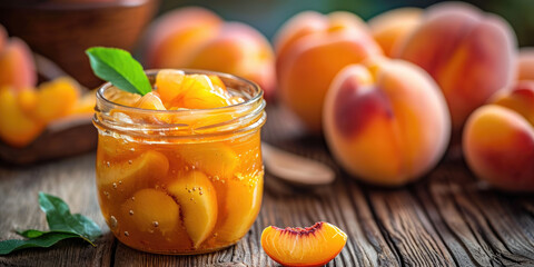 A jar of preserved peaches on a wooden surface surrounded by fresh ripe peaches and leaves.
