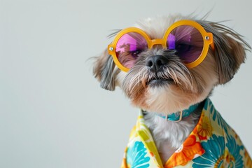 Funny party dog in colorful summer attire Wearing stylish sunglasses Set against a white background Exuding a playful and cheerful vibe