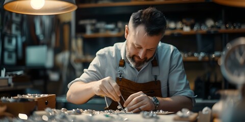 Dedicated craftsman meticulously working in his workshop. focus and expertise on display. timeless trade represented. artisan's passion captured. AI