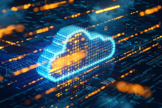 Futuristic digital hologram displaying a cloud icon amidst a backdrop of blue and golden digital digits and code Symbolizing the intricate world of cloud computing and digital information flow