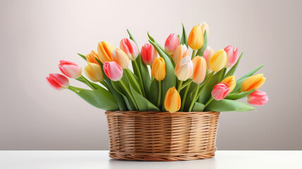 Bouquet of tulips in small wicker basket on gray background. Holiday element.