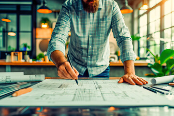 Fototapeta premium Architect working on some plans in his studio