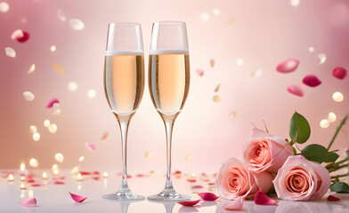 Two champagne glasses on a minimalist backdrop, rose petals subtly scattered in the background suggesting a romantic theme. Generative AI