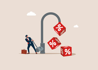 Get more benefits. Businessman opening water tap and cube block with percentage symbol icons fall from faucet. Modern vector illustration in flat style