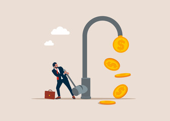 Businessman opening water tap to and money poring out of businesses. Flat vector illustration