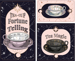 Set Vintage Wiccan Witches Altar Cup for Reading Tea Leaves as a Divination Method for Foretelling the Future. Tea Leaf Reading, vintage vector card.
