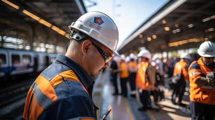 Obraz premium A focused railway engineer in high-visibility gear checks his notes on a busy train platform, with passengers and a train in the blurred background.