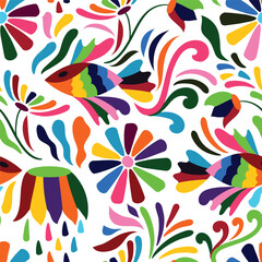 Vector Seamless Otomi Style Mexican Pattern. - 729425148