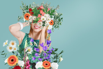 Abstract surreal art collage of young woman with flowers. Fashion portrait in summer style.