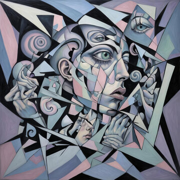 Helpless Insomnia - Young adult in a surreal, psychedelic environment with distorted reflections and chaotic patterns Gen AI