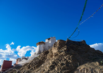 Wide view of Namgyal Tsemo fort on the top of Namgyal peak, built by king Tashi Namgyal in 16th century. This structure could be seen from everywhere in Leh.