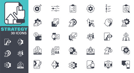 Business Strategy Icons set. Solid icon collection. Vector graphic elements, Icon Symbol, Marketing, Finance, Solution, Growth, Advertisement, Communication